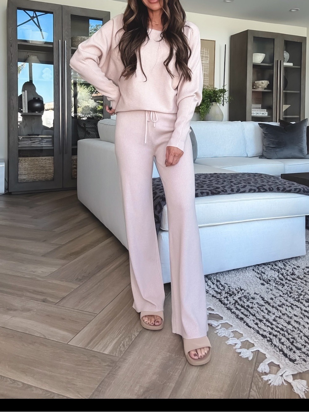 New soft long sleeve Knit top and Wide-Leg Pants - light rose Pink(sold as a set